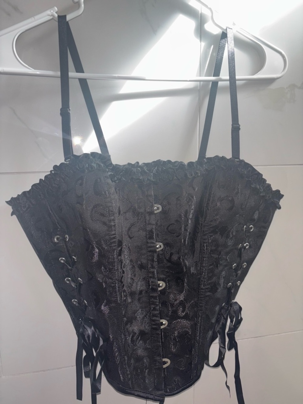 Black Lace-Up Satin Corset Top